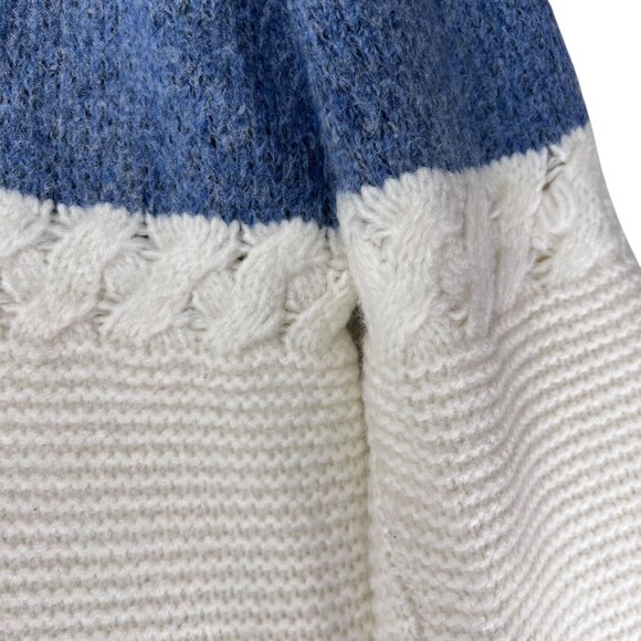 Cyrus Colorblock Knit Sweater Cable Detail Blue Cream White XL Wool Blend Soft - Picture 5 of 11